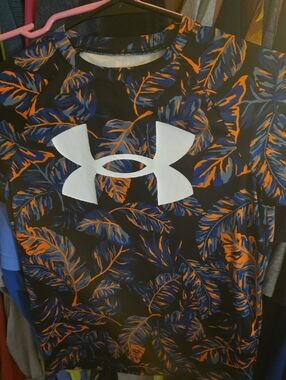 Under Armour Black Tee with Blue & Orange Leaf Print